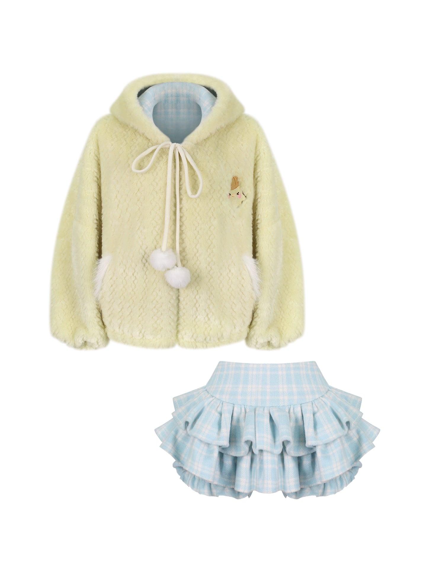 カスタードプリンイエロープラッシュジャケット+ブルーチェックケーキスカート