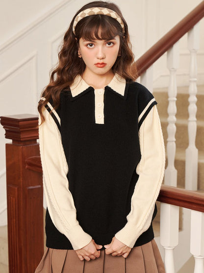 Polo collar faux two-piece knit sweater