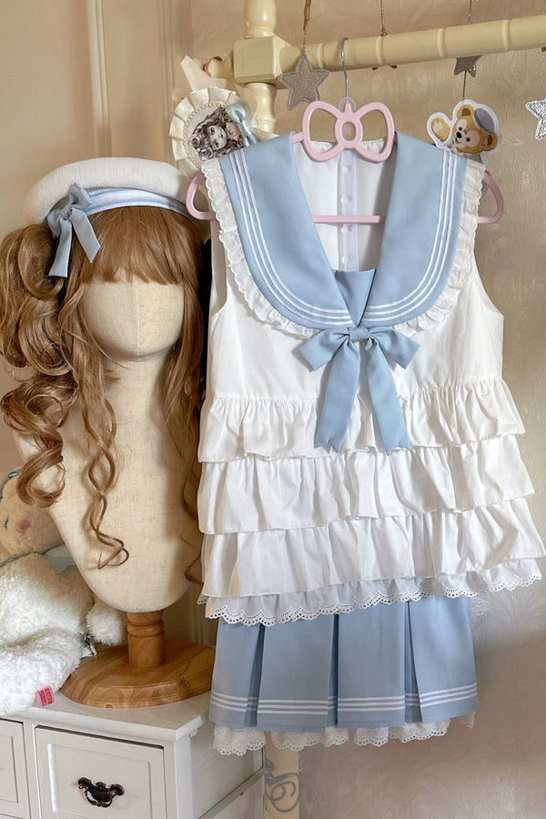 セーラーリボンマリントップス+プリーツレイヤードスカート