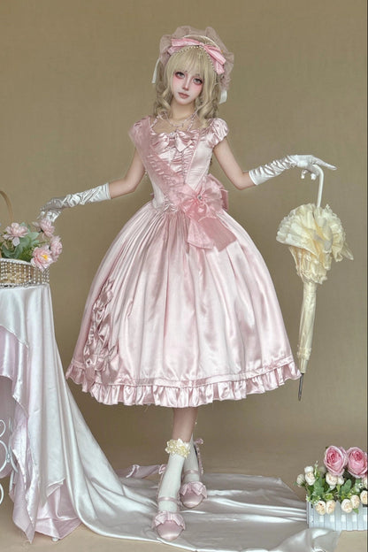 [Pre-order Deadline: August 8] Elegant Silver Satin Lolita Romantic Ribbon Dress Set