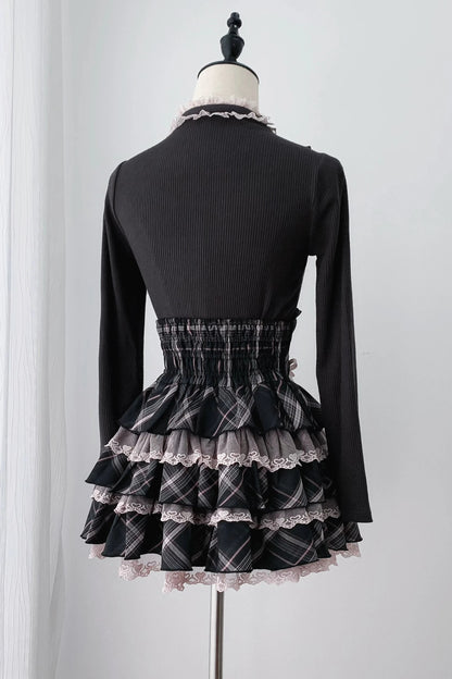 [Pre-order Deadline: October 30] Black Pink Lace Trim Square Neck Choker Design Knit Top + Lace Trim Plaid Tiered Skirt