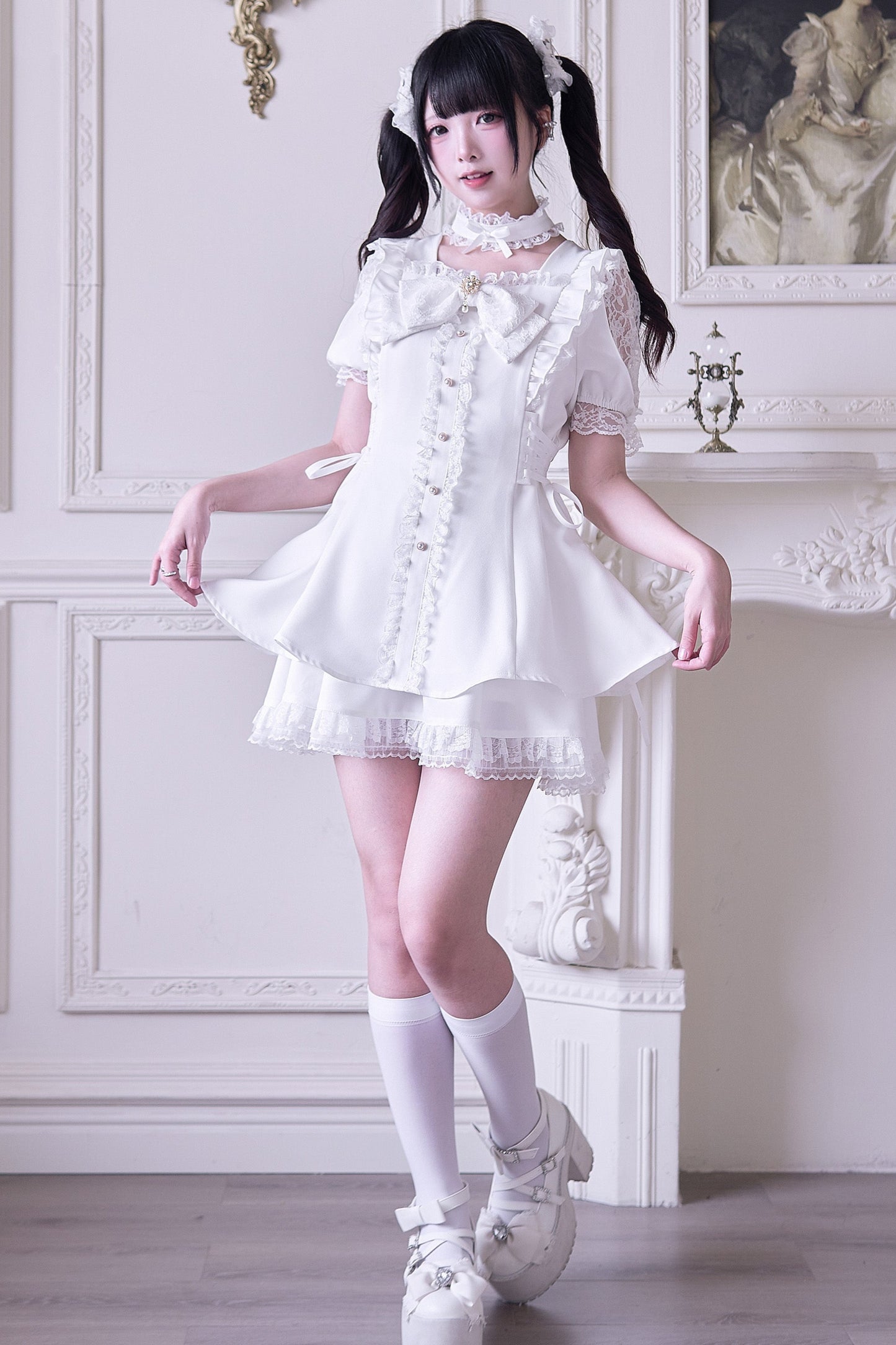 Mine striped lace puff sleeve top + short skirt