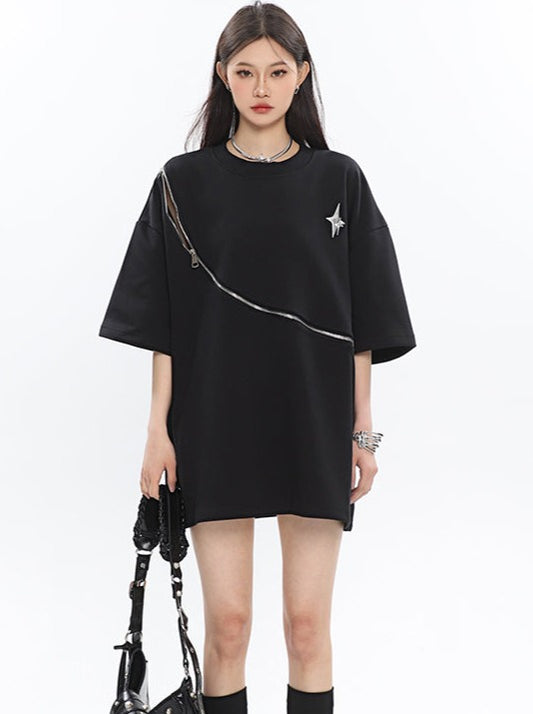 Zipper Metal Design Round Neck Loose T-shirt