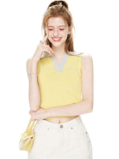 Basic Summer Logo Jacquard Polo Collar Strap Knit Top