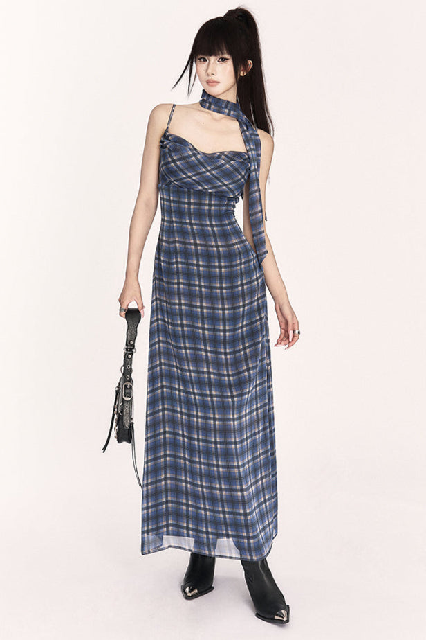 Chic French Resort Plaid Halter Maxi Dress