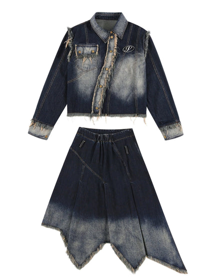 Old denim jacket + asymmetrical denim skirt