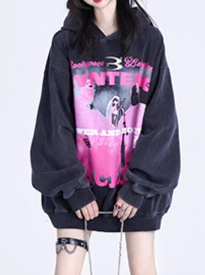 Oversized Retro Wash Print Hoodie