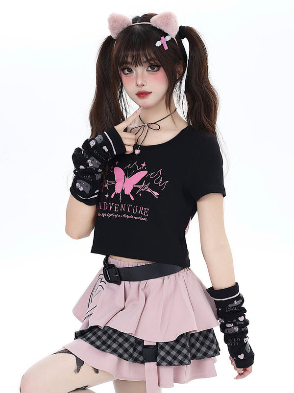 バタフライドリームバックリボンスリムショートTシャツ