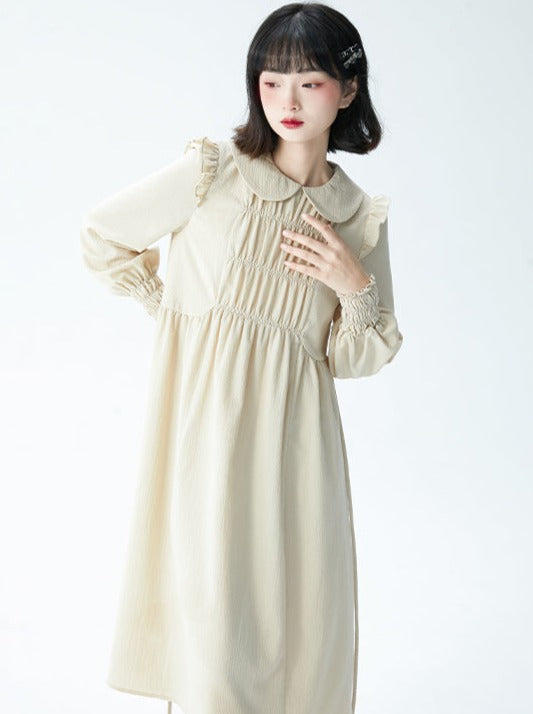 Doll Collar Spring Tie Waist Pleated Dress