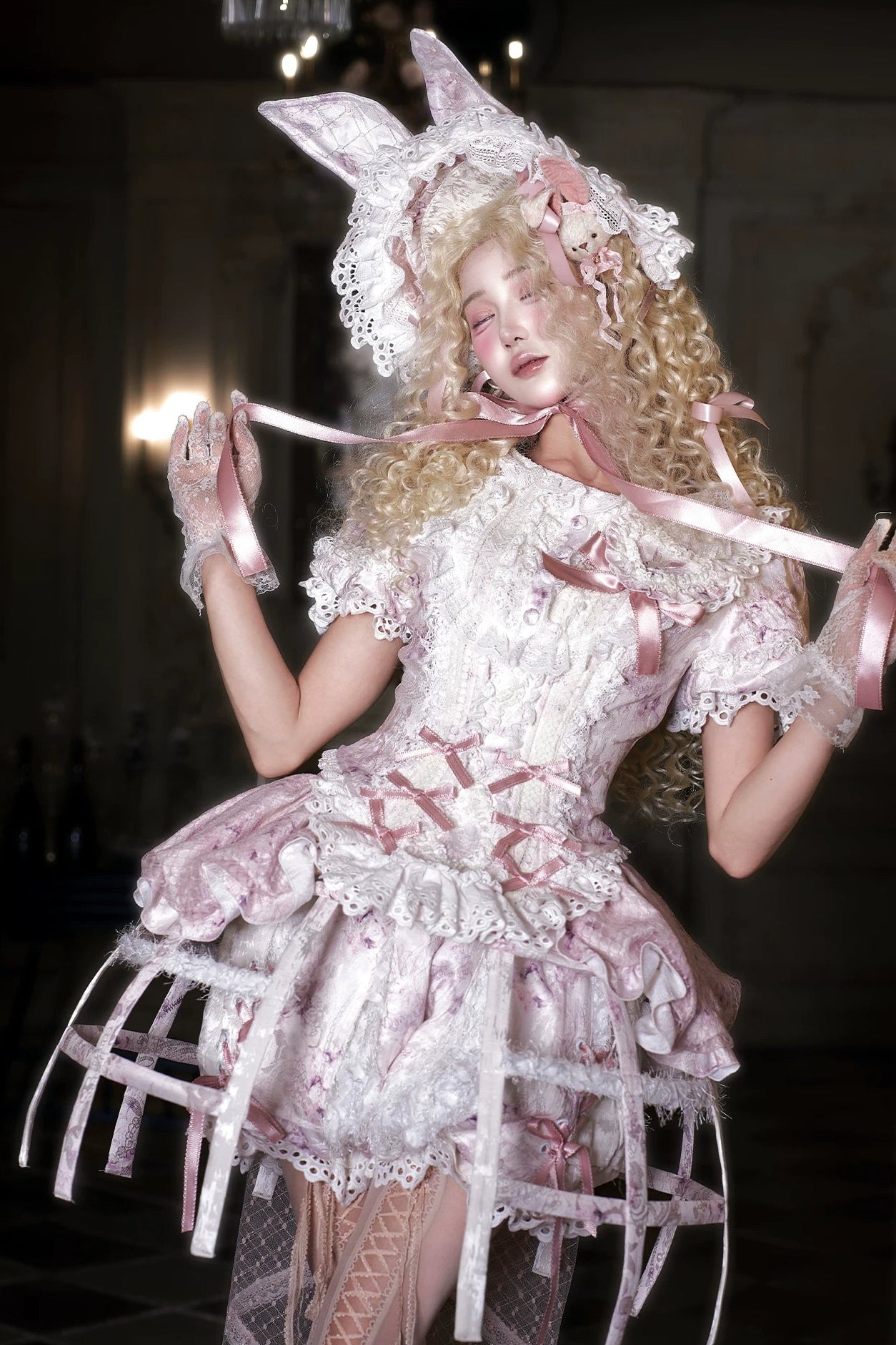 [Date limite de précommande : 6 octobre] Pink Castle Bunny ensemble poupée romantique avec haut corset à manches bouffantes en dentelle + short + surjupe à volants + surjupe cage à oiseaux Set 1/2/3