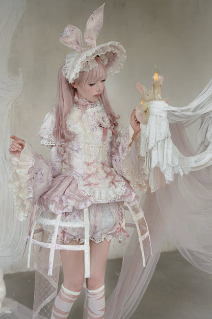 [Date limite de précommande : 6 octobre] Pink Castle Bunny ensemble poupée romantique avec haut corset à manches bouffantes en dentelle + short + surjupe à volants + surjupe cage à oiseaux Set 1/2/3