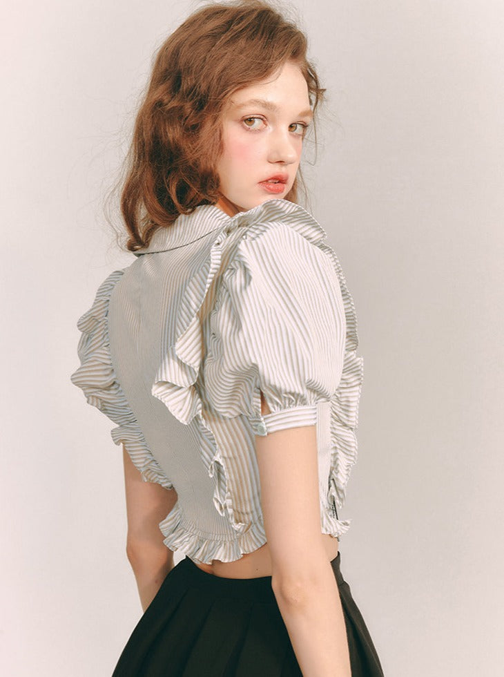 Striped frill lace ribbon shirt