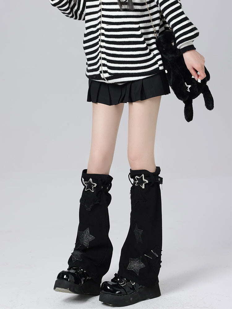 Dark Black Star Leather Buckle Denim y2k Leg Warmers