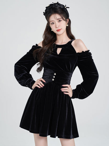 Off-Shoulder Halter Neck Black High End Velvet Dress