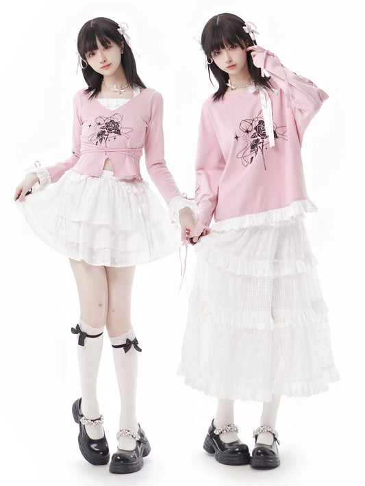 Pinksavior [Flower Vine] Spring and Summer White Dress Lace Gentle Korean Girly Design Set