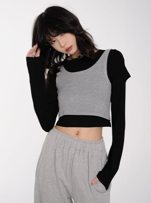 Short Length Long T + Vest Two Piece Tops