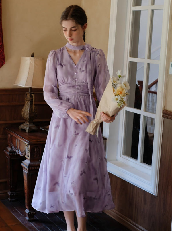 フレンチバタフライブルームプリントシフォンドレス