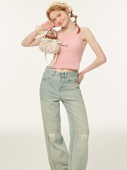 Pointed ribbon design loose denim pants