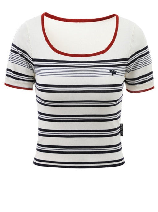 スクエアカラーカラーボーダーショートトップス