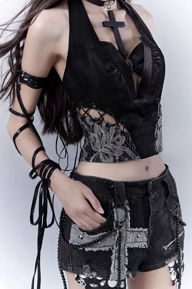 ダークレースパッチワークレザーキャミソール