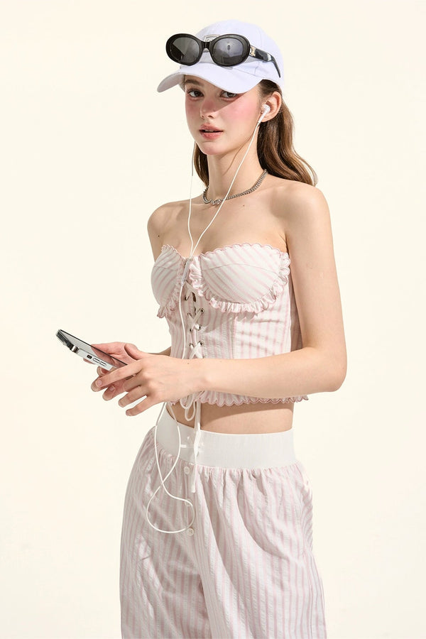 ストライプシャツ+ルーズパンツ+バンドゥ