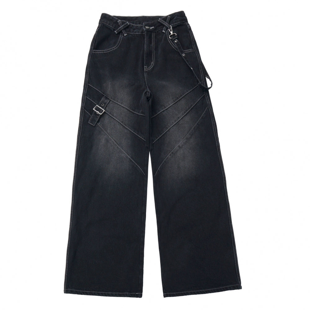 チェッカーボードオートバイジャケット+スウェット+デニムパンツ