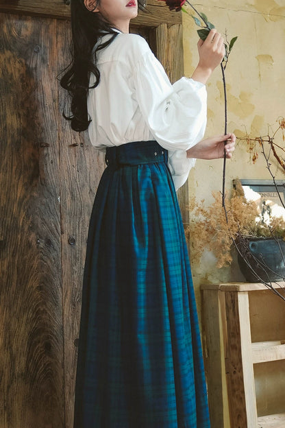 Retro Check Waist Belt Design Long Skirt