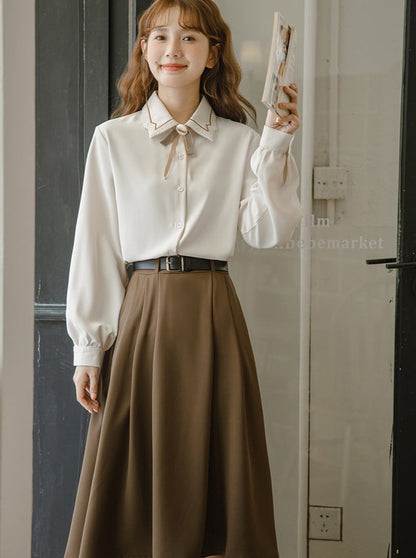 Ribbon blouse + flared skirt