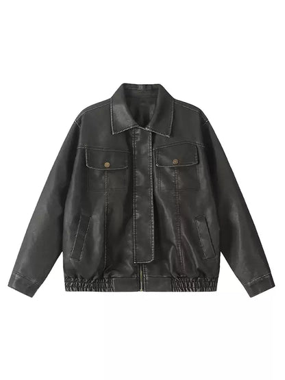 Black Retro Distrest PU leather jacket