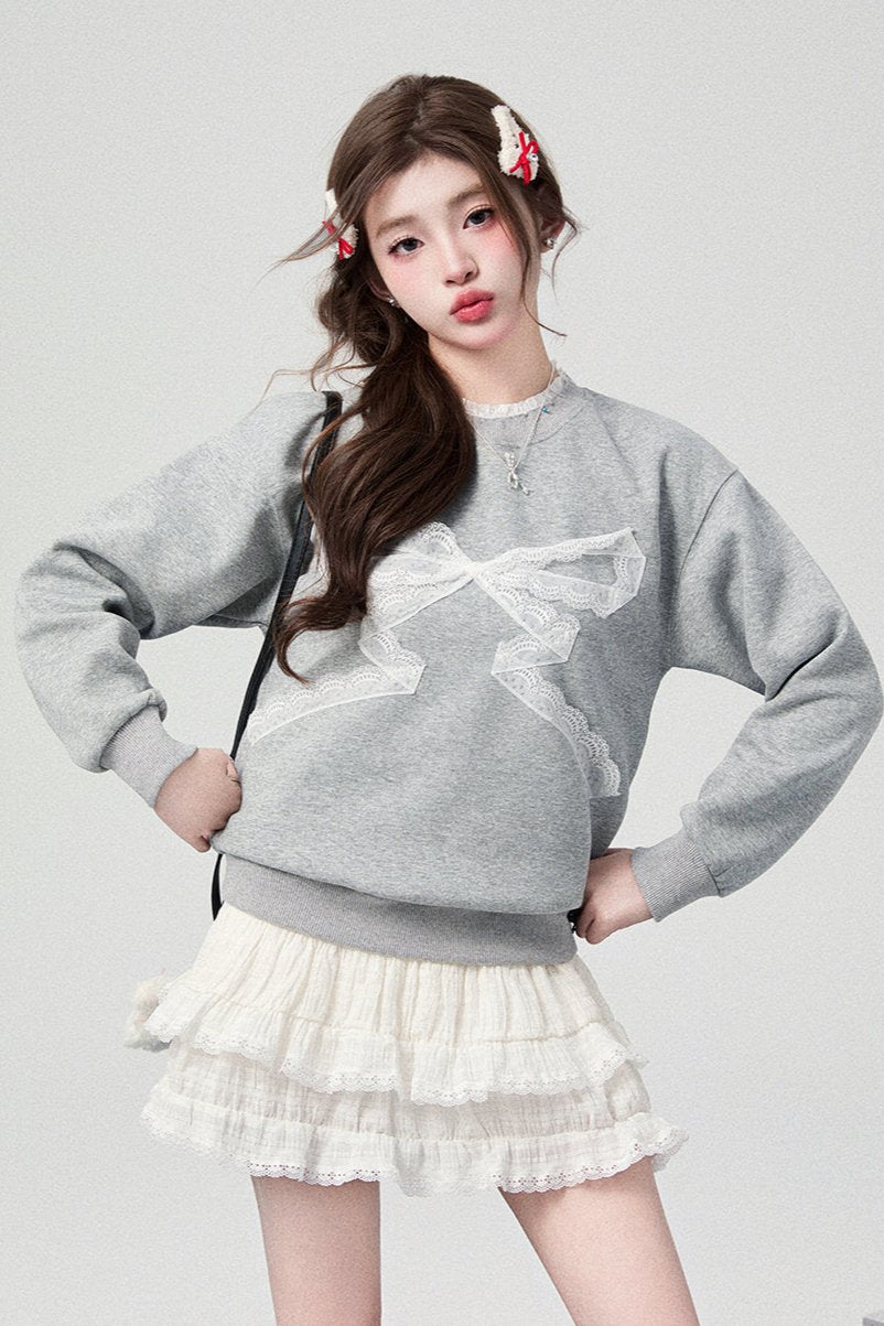 Original Bow Knit Sweatshirt+ White Skirt