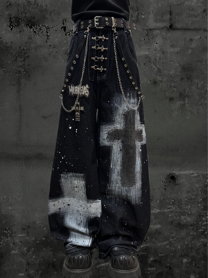 インクスプラッシュドグラフィティデニムパンツ+ベルト