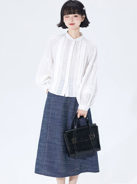 Shallot Stand-Up Collar Raglan Sleeve Blouse