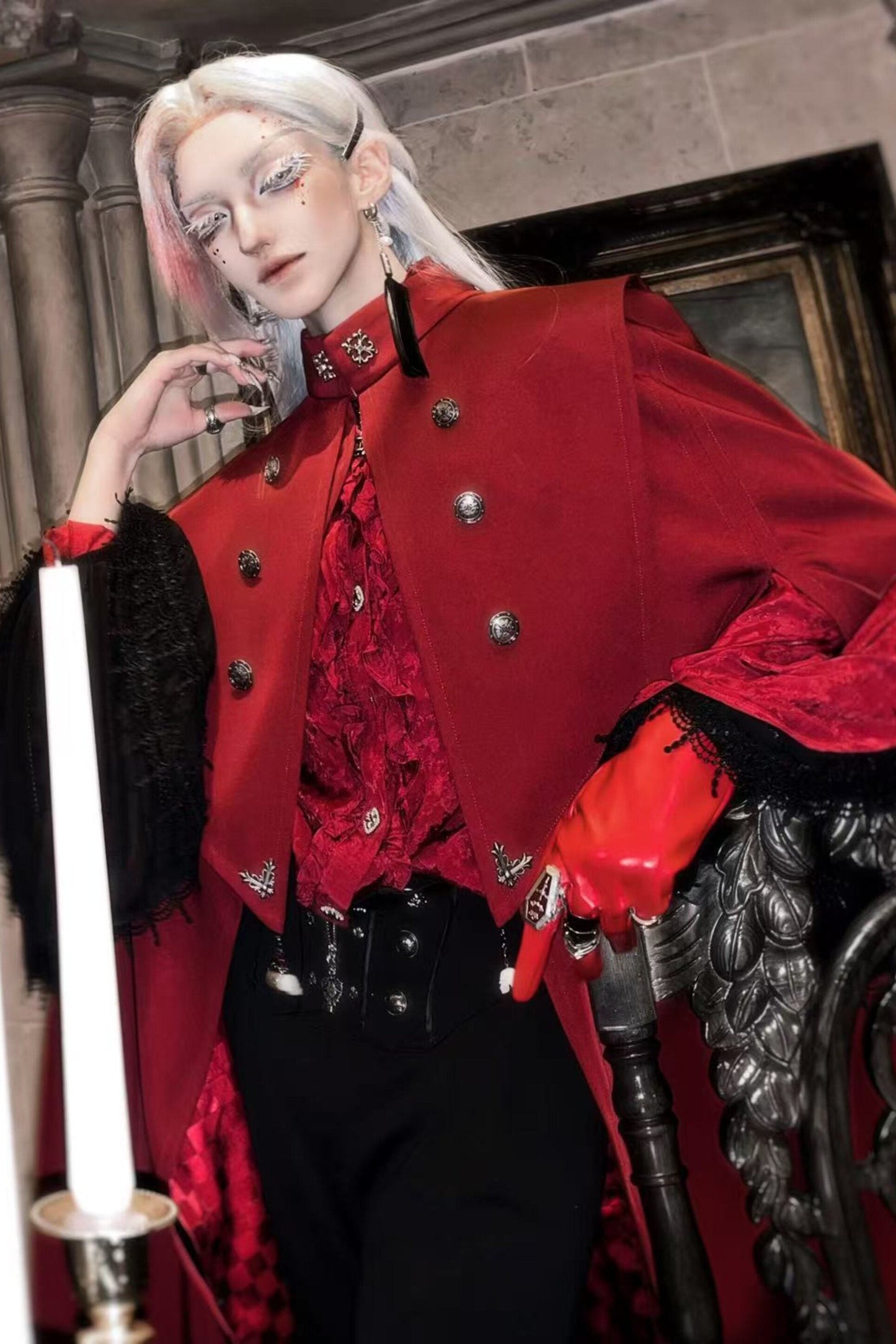【9月5日予約締切】Dark Red/Dark Green Gothic Chain Layered Lace Cape Coat(Short Length/Long Length)