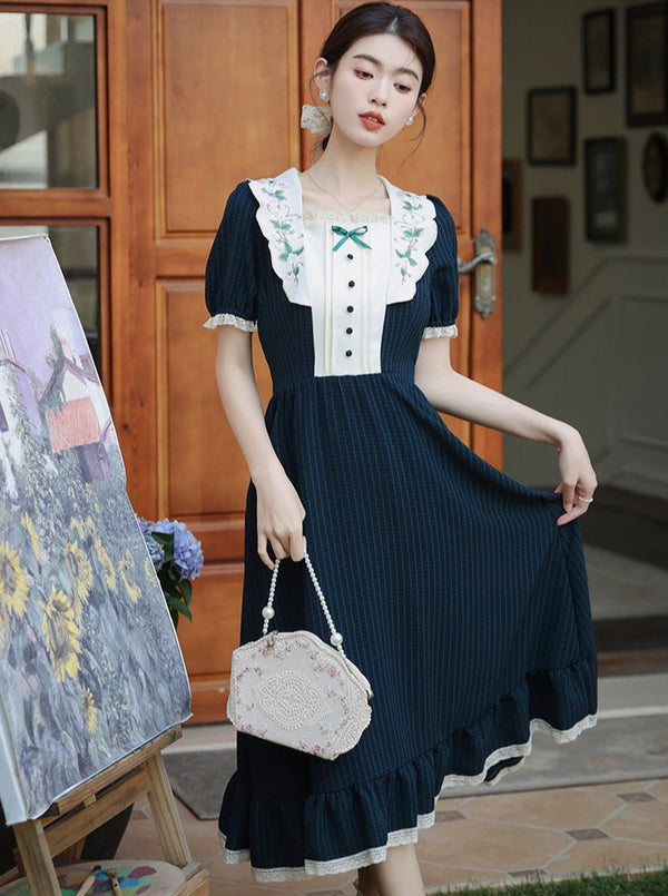 レトロガーリーフラワーチェックワンピース