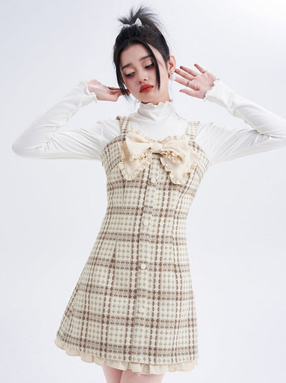 Retro check frill ribbon suspender dress