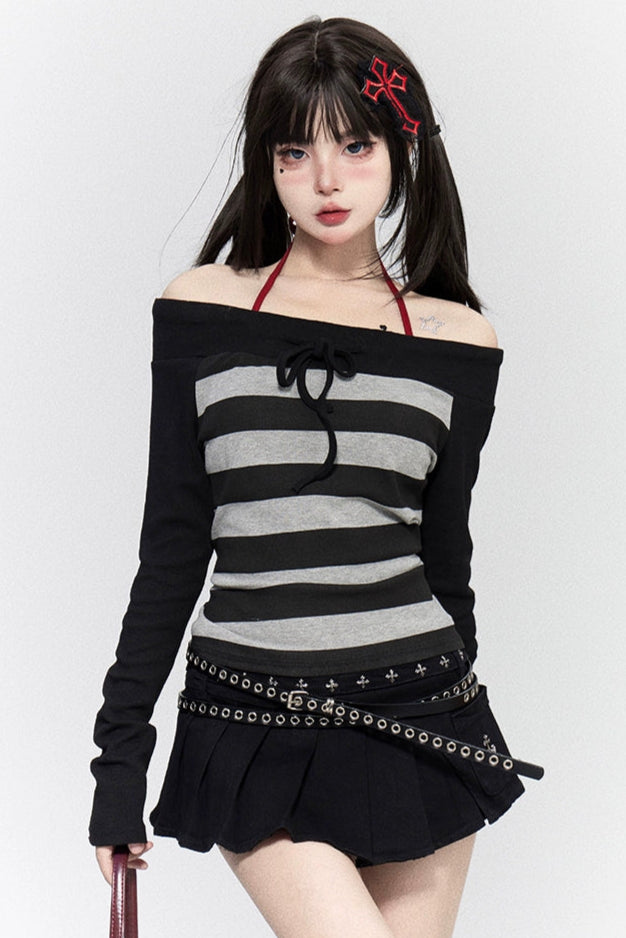 ボーダーオフショルダーY2Kトップス