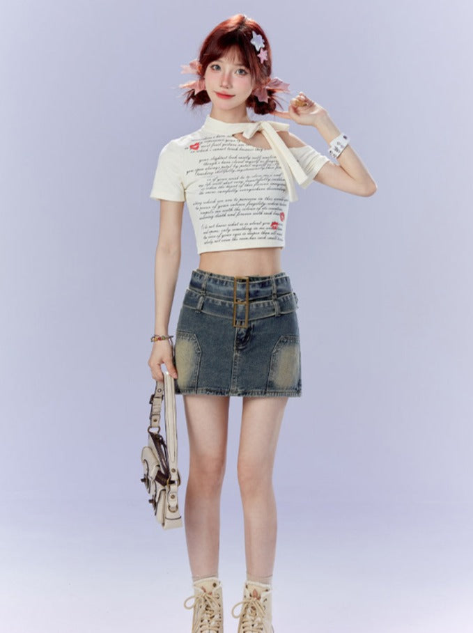 One Shoulder Ribbon Letter Short Top