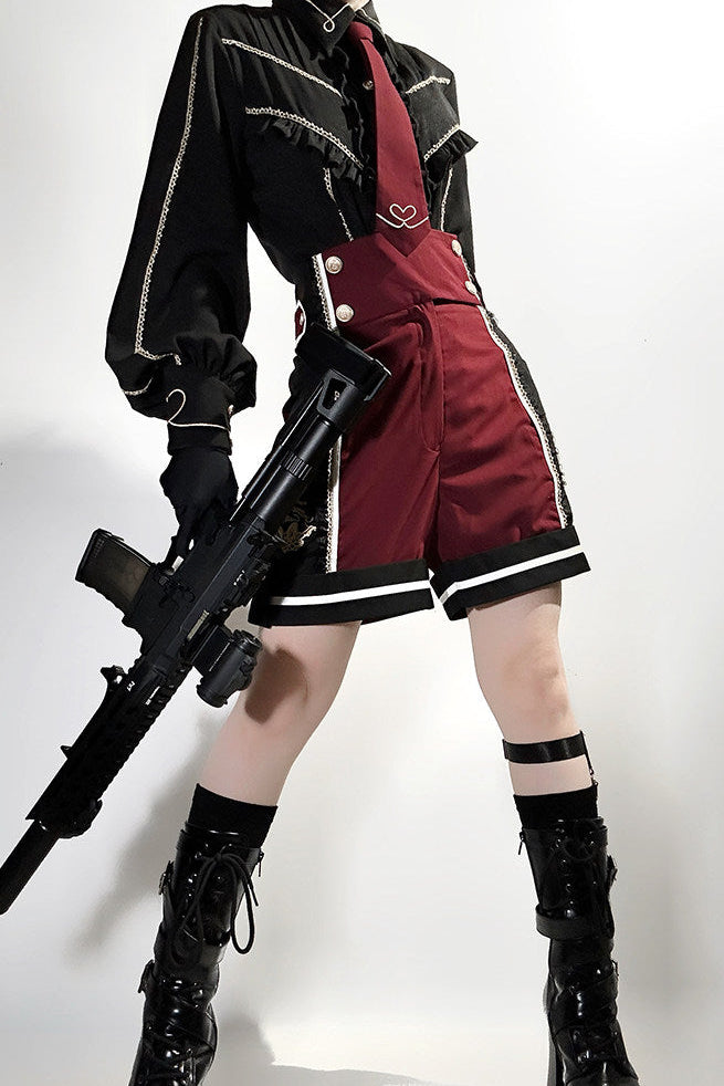 Rot-Schwarz/Blau-Schwarz Dark-Lolita-JKS-Kleid mit goldener Stickerei, Reverskragen, Krawatte und Gürtel mit Hüfttasche