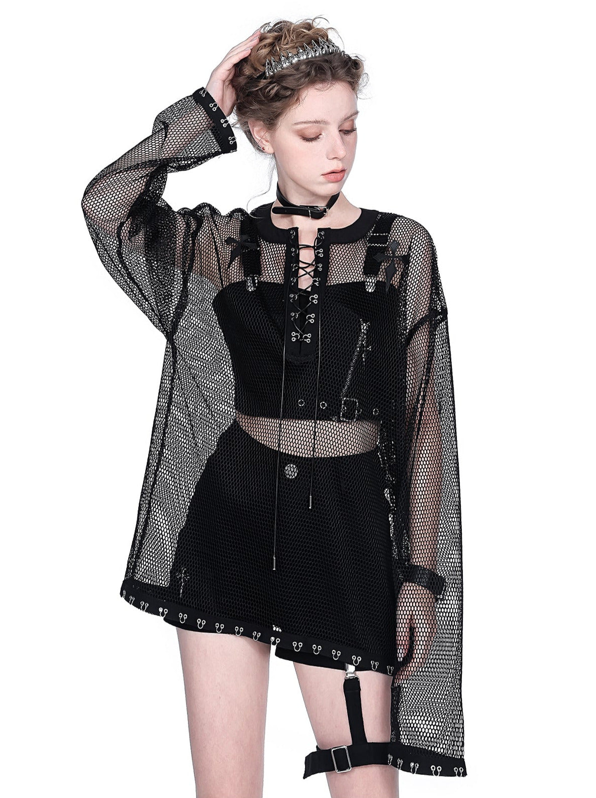 Mesh Sheer Metal Cross Lace-Up Mode Long T