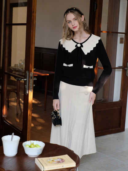 French Color Block Wave Lapel Ribbon Retro Sweater Cardigan