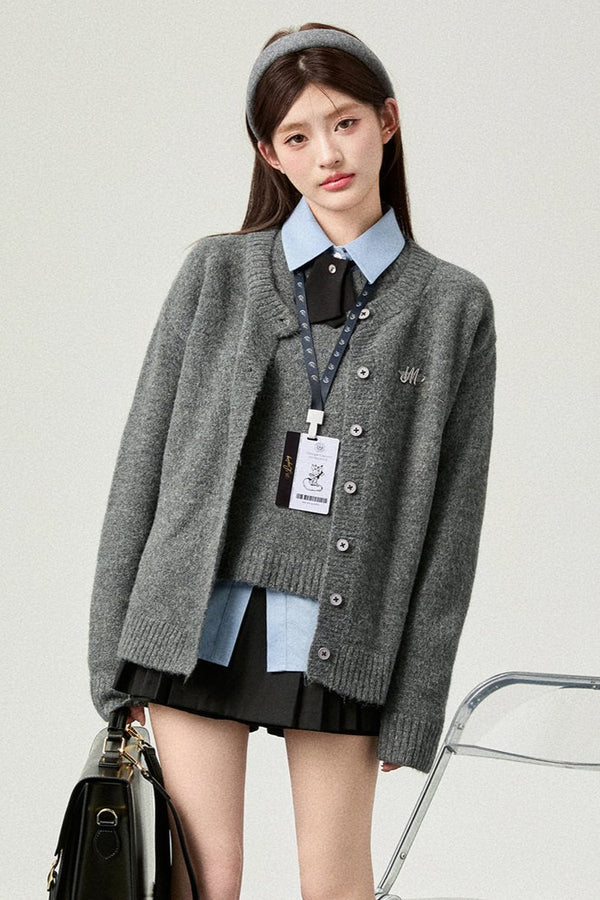 グレーニットカーディガンベストセット＋ブルーシャツ