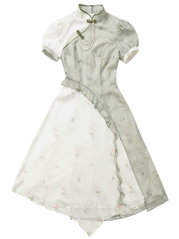 グリーンフローラルチャイナパールアシメワンピ&セットアップ