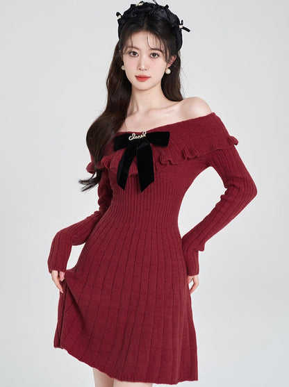 Volume Frill V-Neck Ribbed Knit Dress