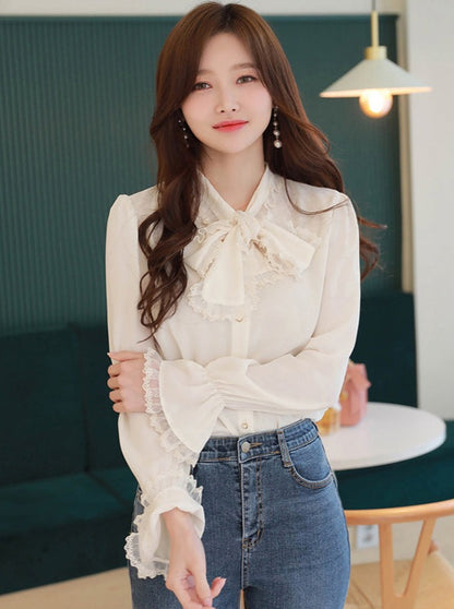 Ribbon lace chiffon shirt