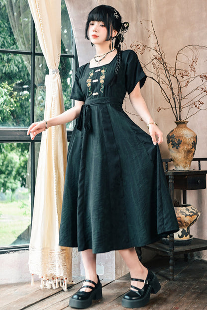 チャイナステッチジャカードロングドレス