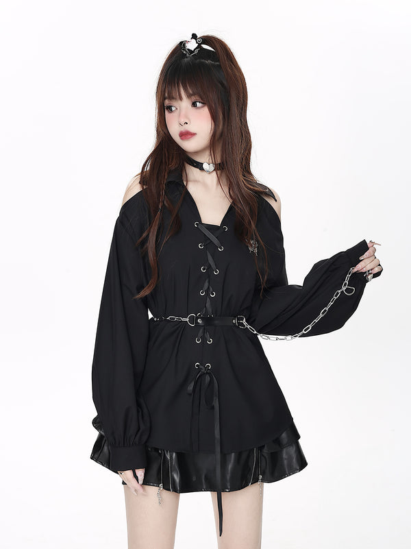 off shoulder chain belt lace up shirt
