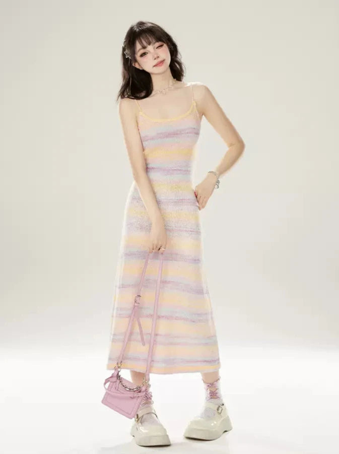 11SH97 Rainbow Stripes Contrasting Knitted Slip Dress Women's Summer New Sweet Slim Long Dress
