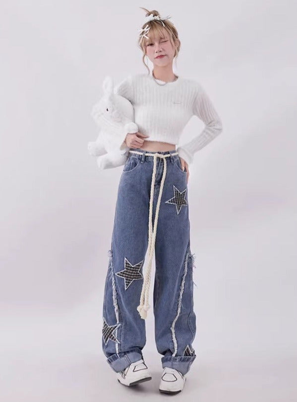 Retro Star Design Wide Leg Straight Denim