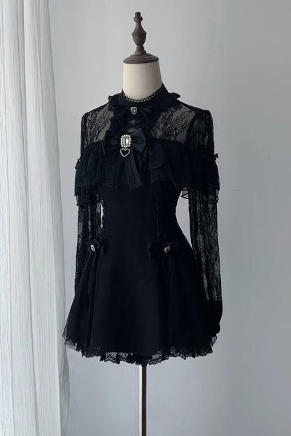 【9月15日予約締切】Black Dark Gothic Sheer Lace Dress Set (Includes Inner Shorts + Rhinestone Bow Tie)
