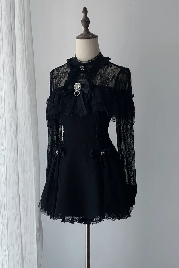 【9月15日予約締切】Black Dark Gothic Sheer Lace Dress Set (Includes Inner Shorts + Rhinestone Bow Tie)